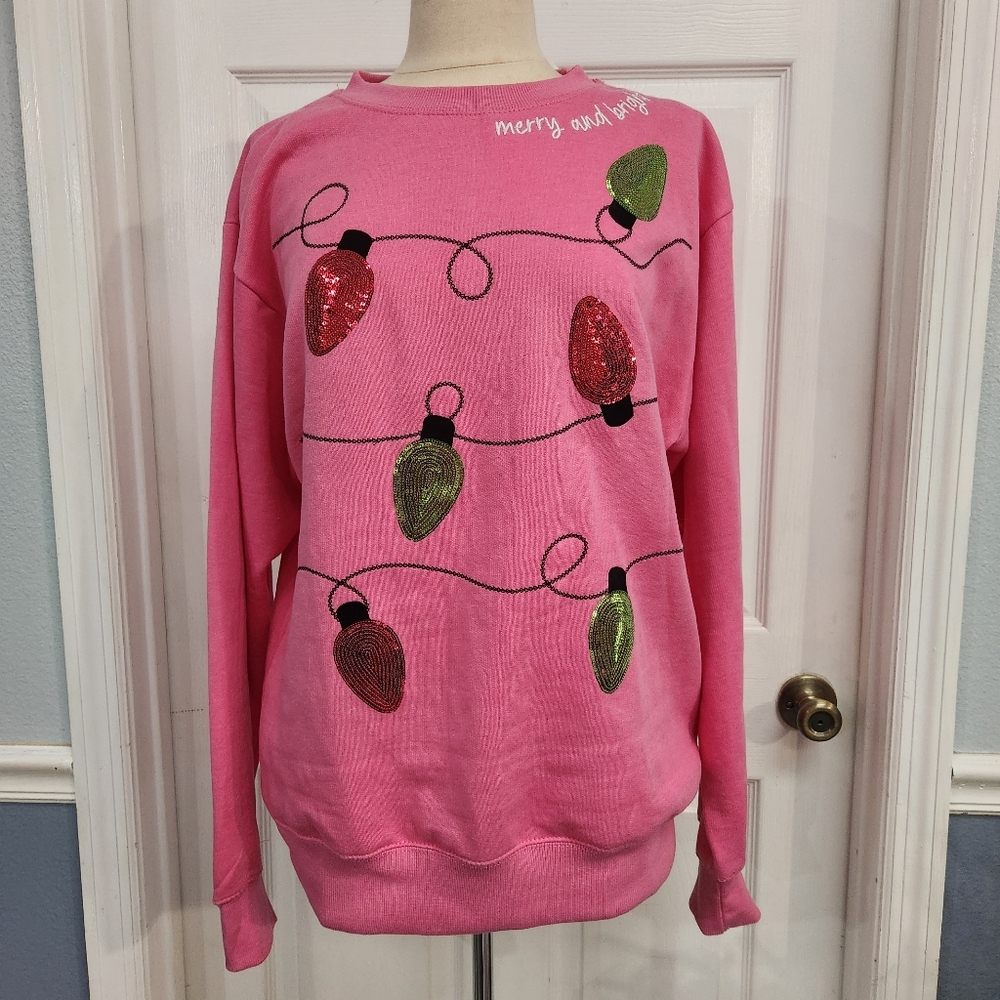 Festive Pink Sweater with Sequin Lights